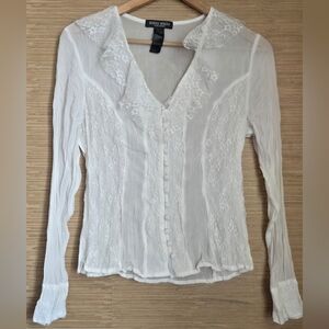 Bisou Bisou White Sheer Lace Top M Fairy Festival Coquette Whimsical Boho